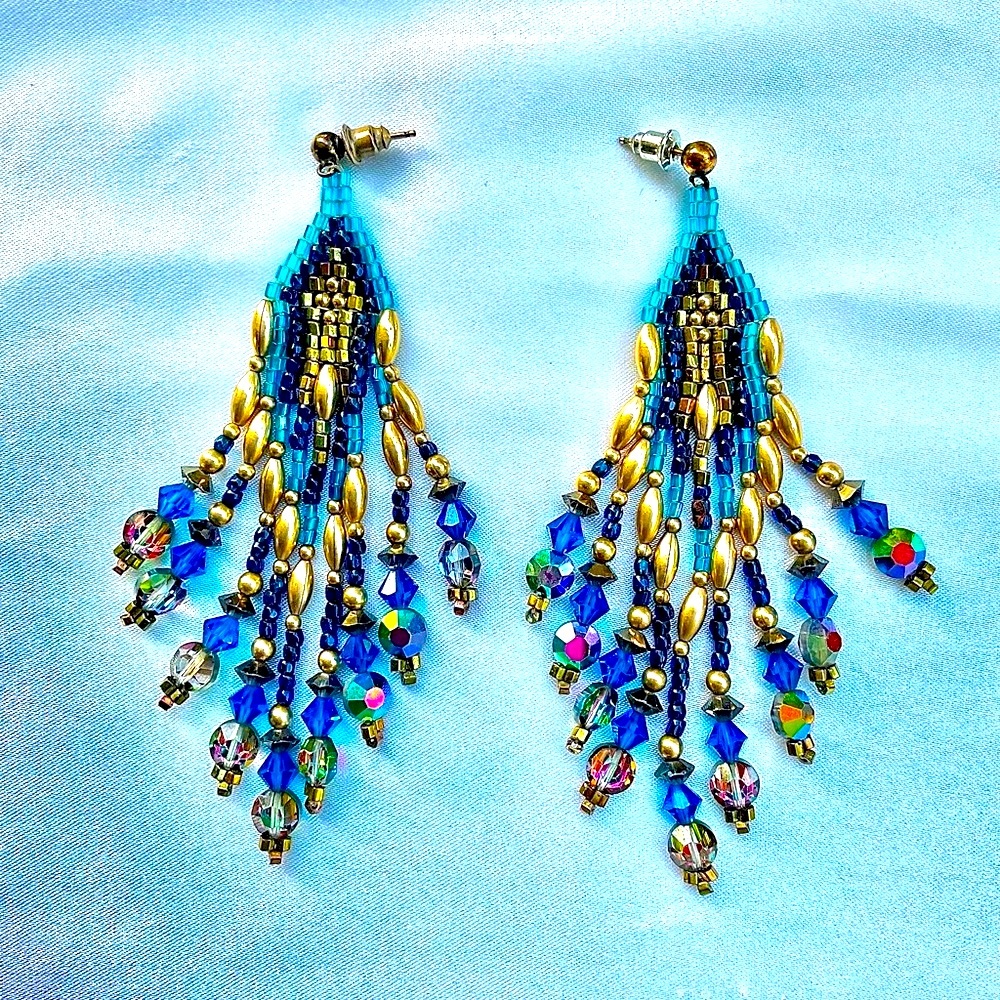 14k gold and glass beaded iridescent dangling earrings - Picture 1 of 3
